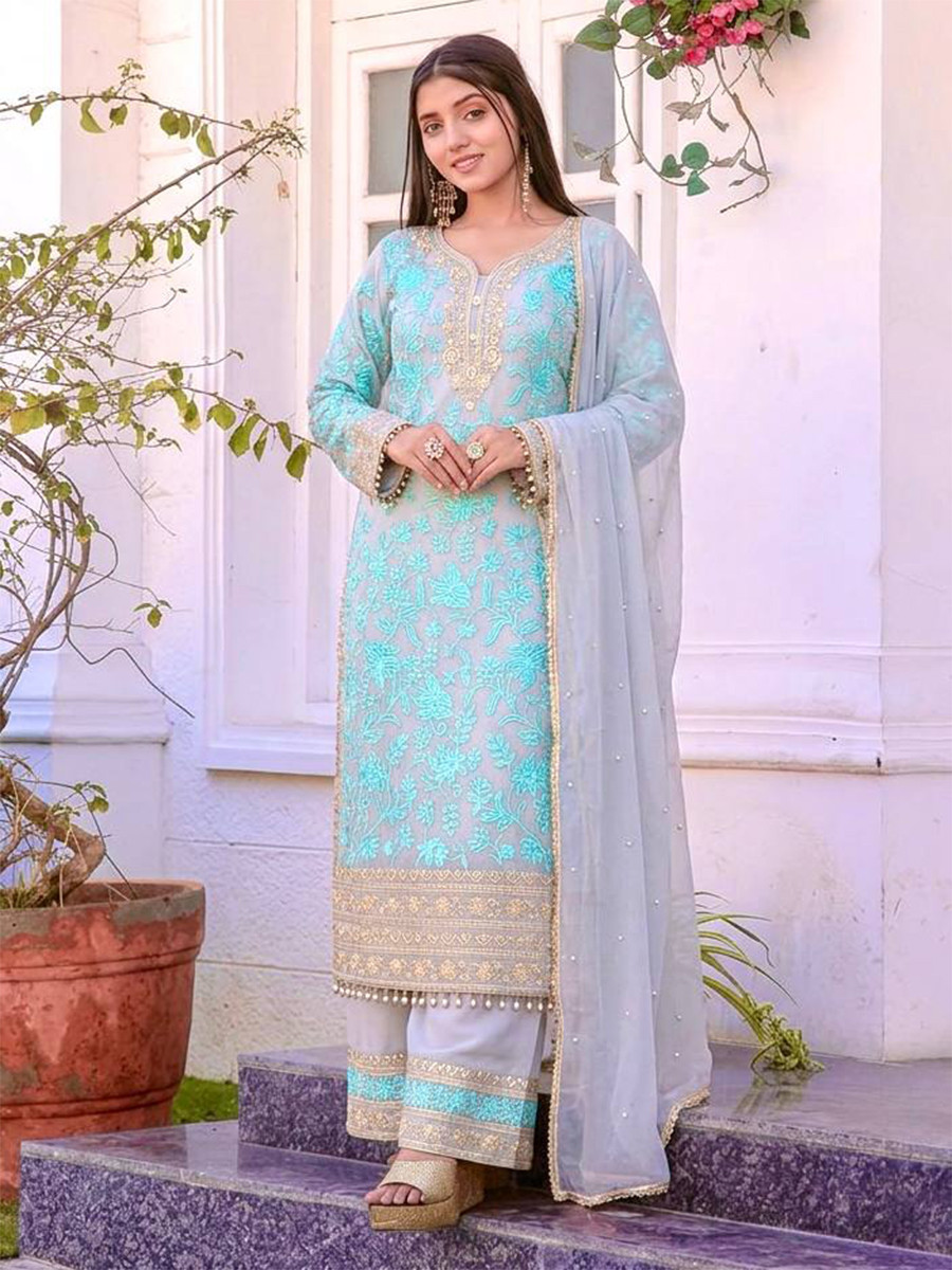 Heavy Faux Georgette Embroidery Pearl Wedding Party Festival Casual Ready Palazzo Pant Salwar Kameez