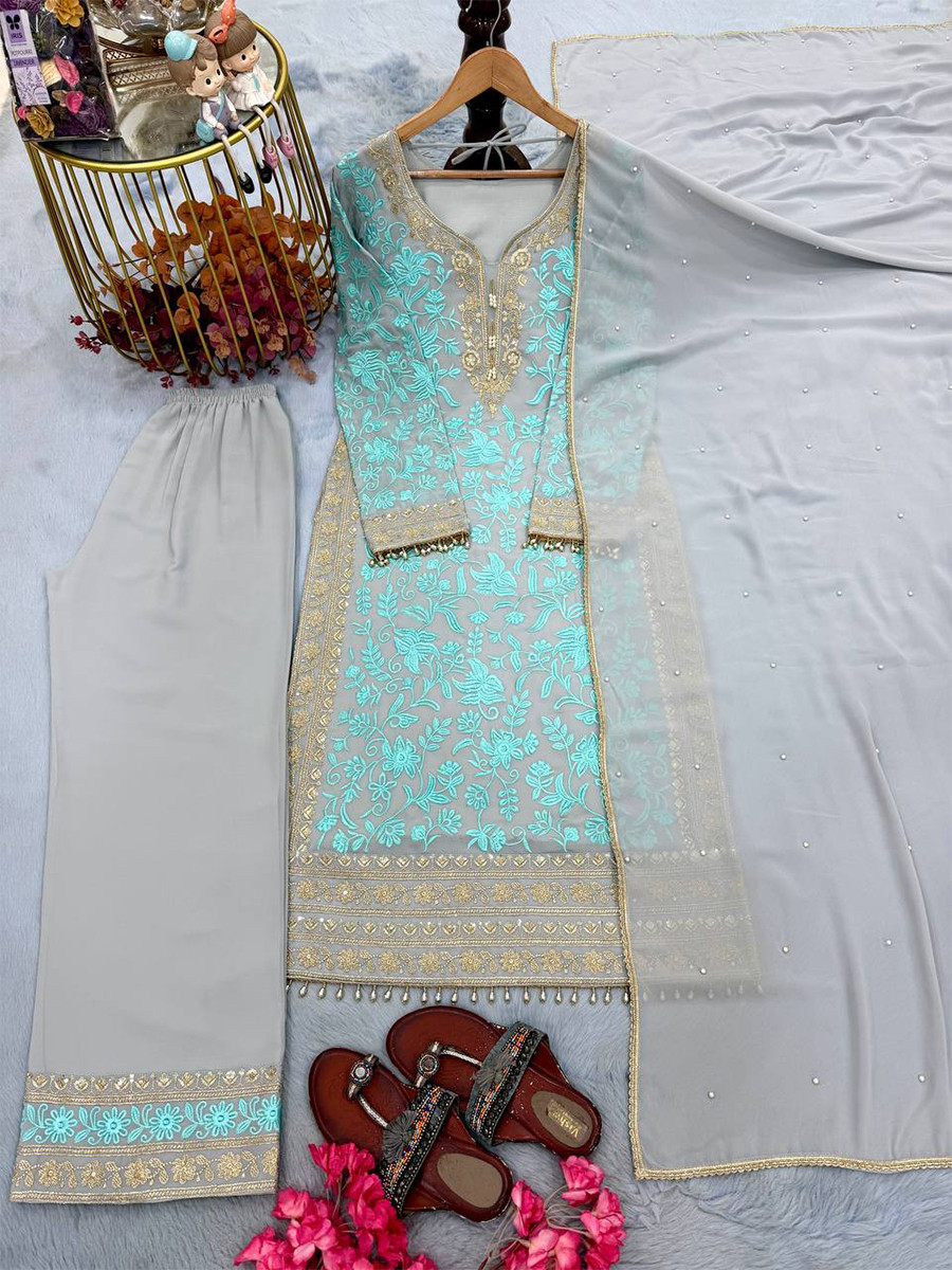 Heavy Faux Georgette Embroidery Pearl Wedding Party Festival Casual Ready Palazzo Pant Salwar Kameez
