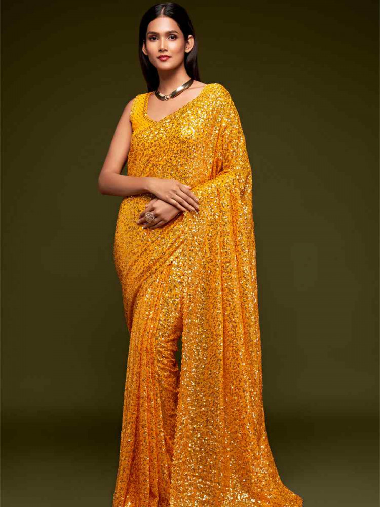 Image of Honey Yellow Georgette Embroidery Festival Wedding Fancy Heavy Border Saree
