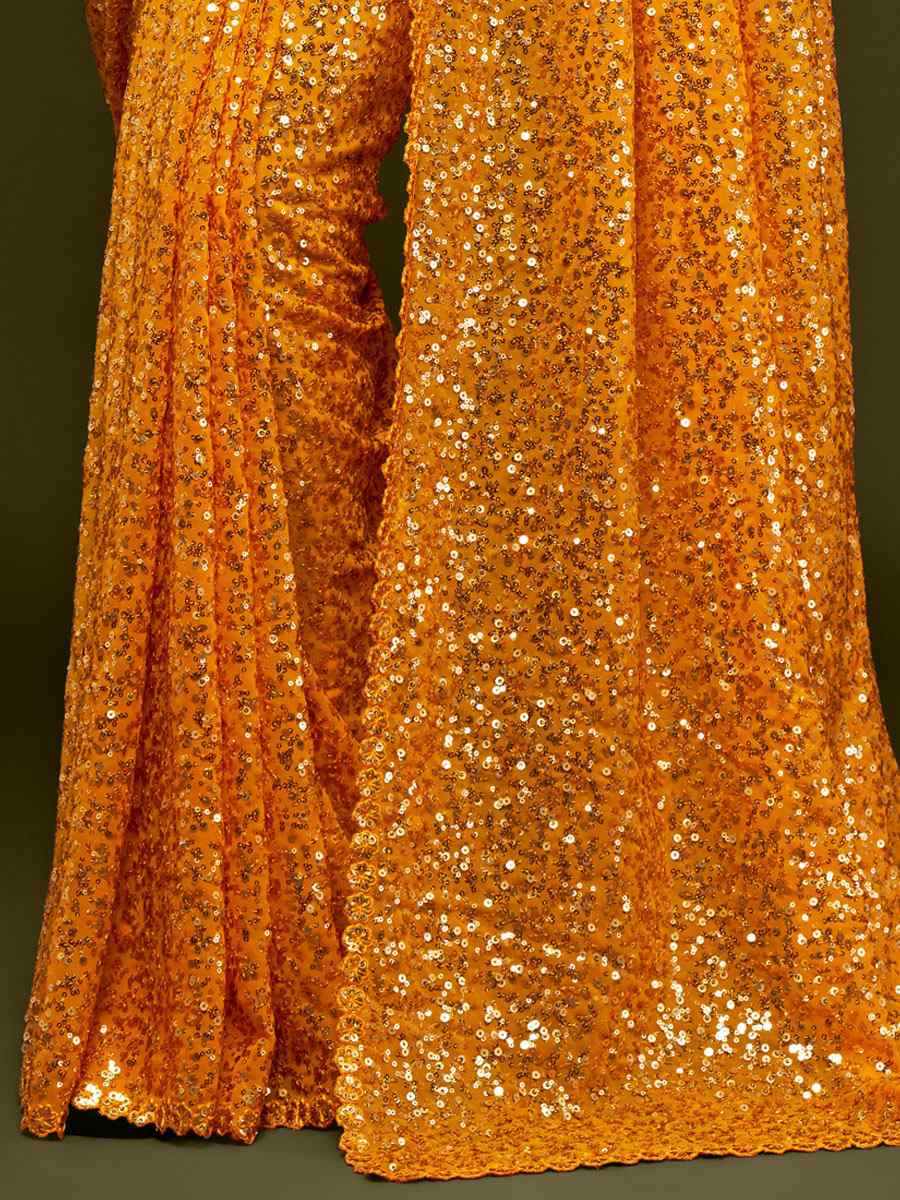 Honey Yellow Georgette Embroidery Festival Wedding Fancy Heavy Border Saree