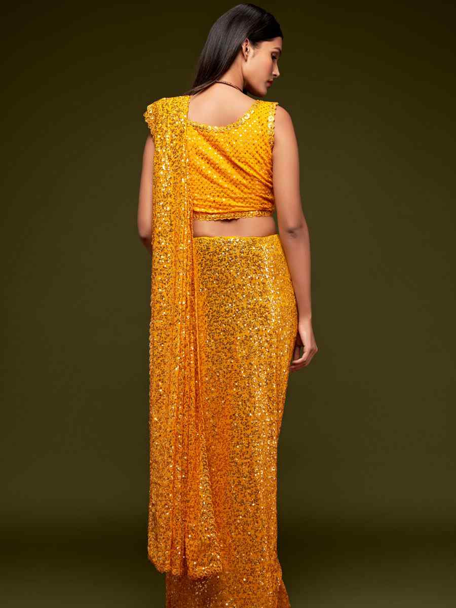 Honey Yellow Georgette Embroidery Festival Wedding Fancy Heavy Border Saree