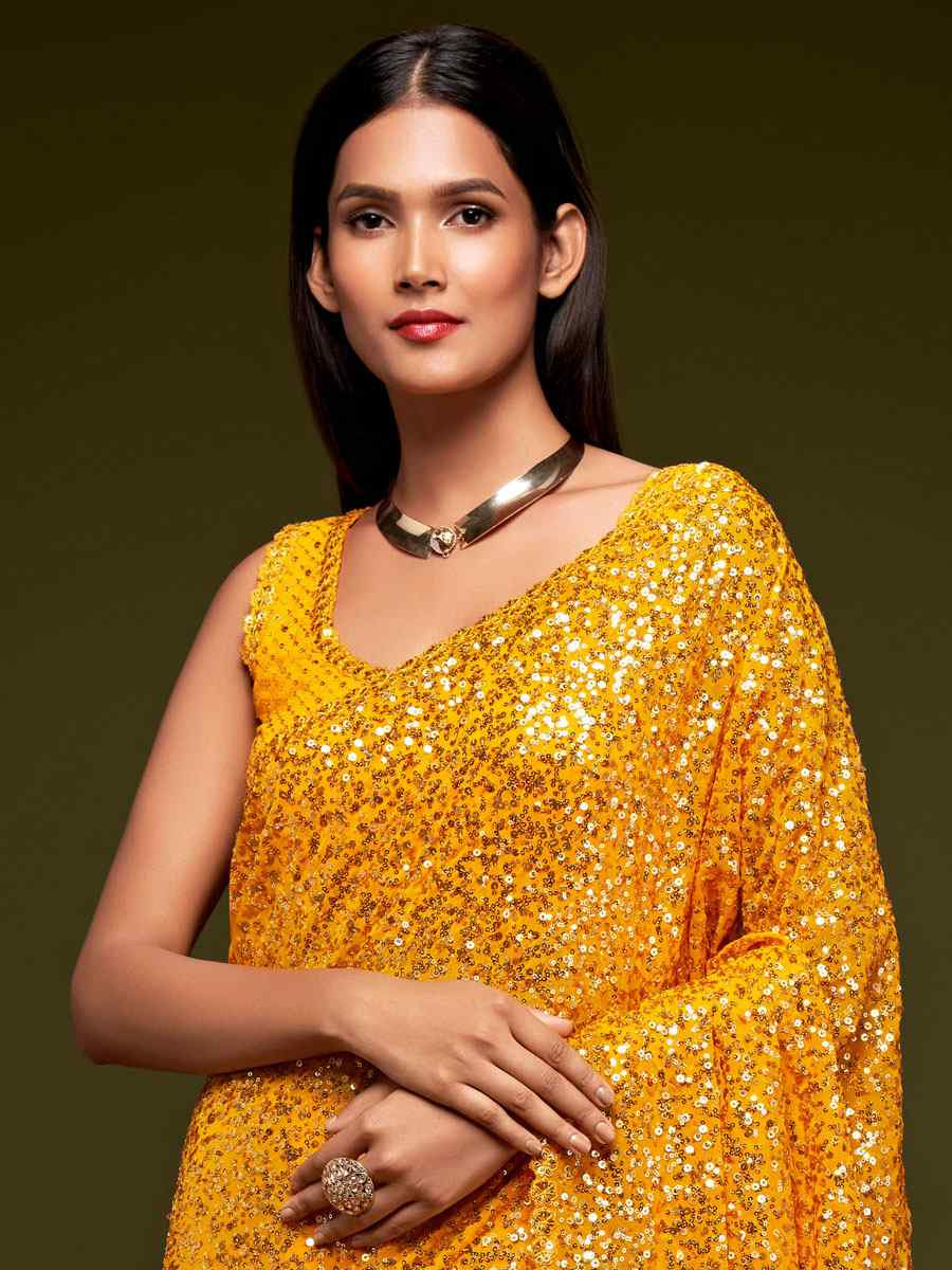Honey Yellow Georgette Embroidery Festival Wedding Fancy Heavy Border Saree