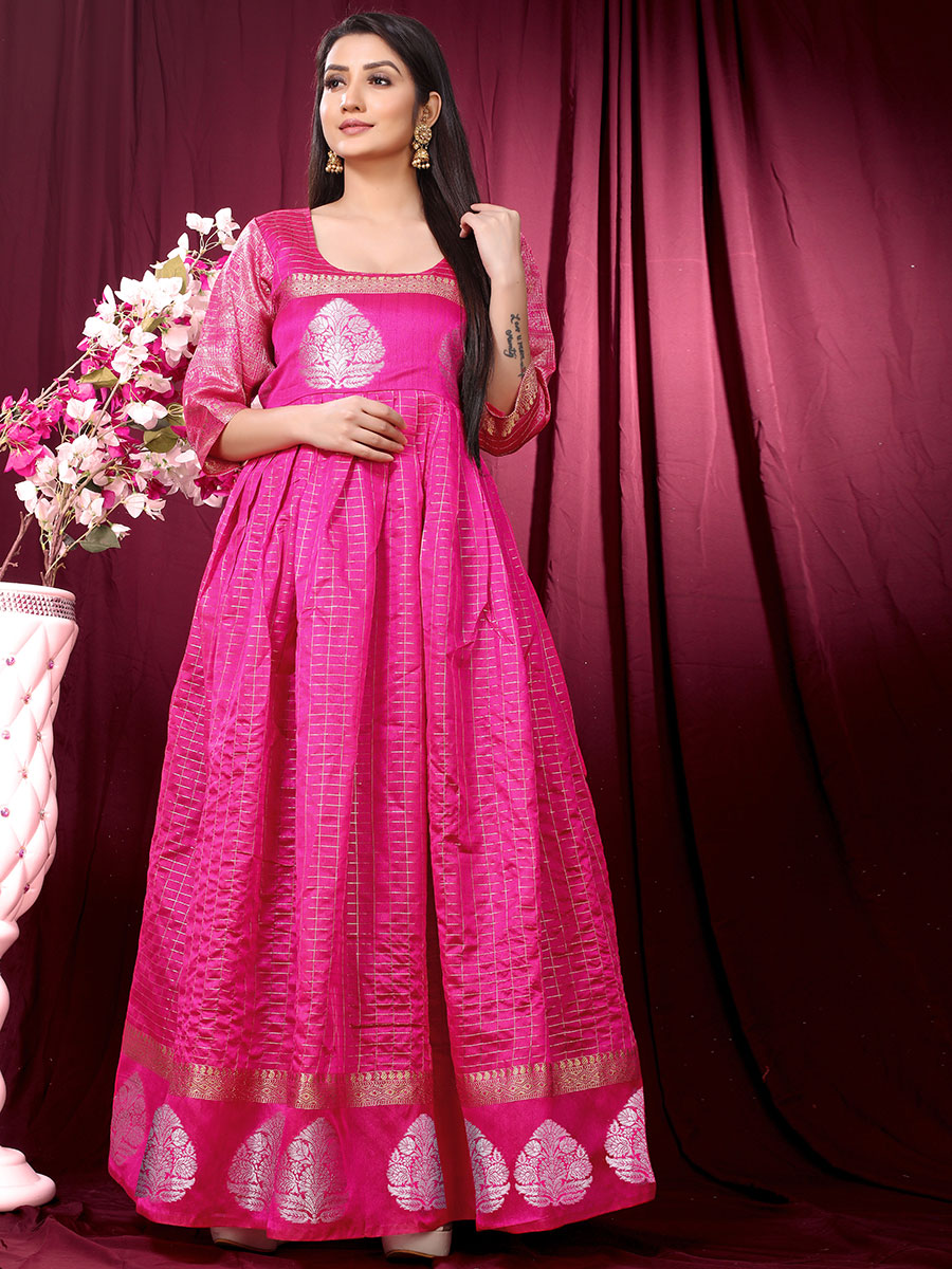 Hot Magenta Pink Pure Silk Handwoven Festival Gown