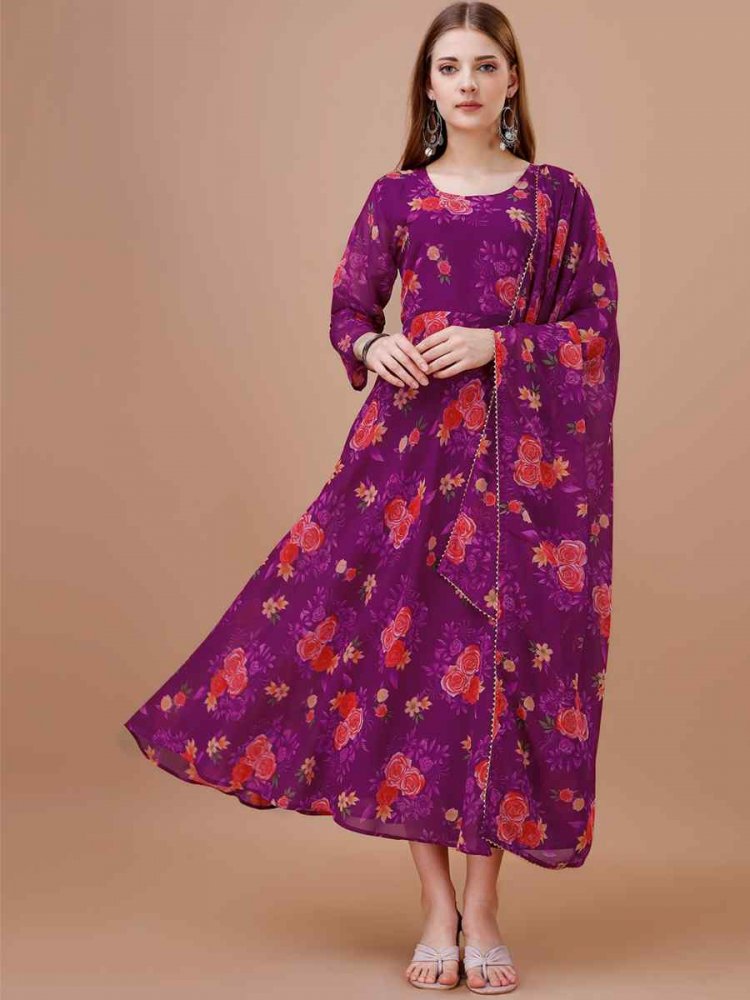 Hot Pink Faux Georgette Printed Festival Party Gown