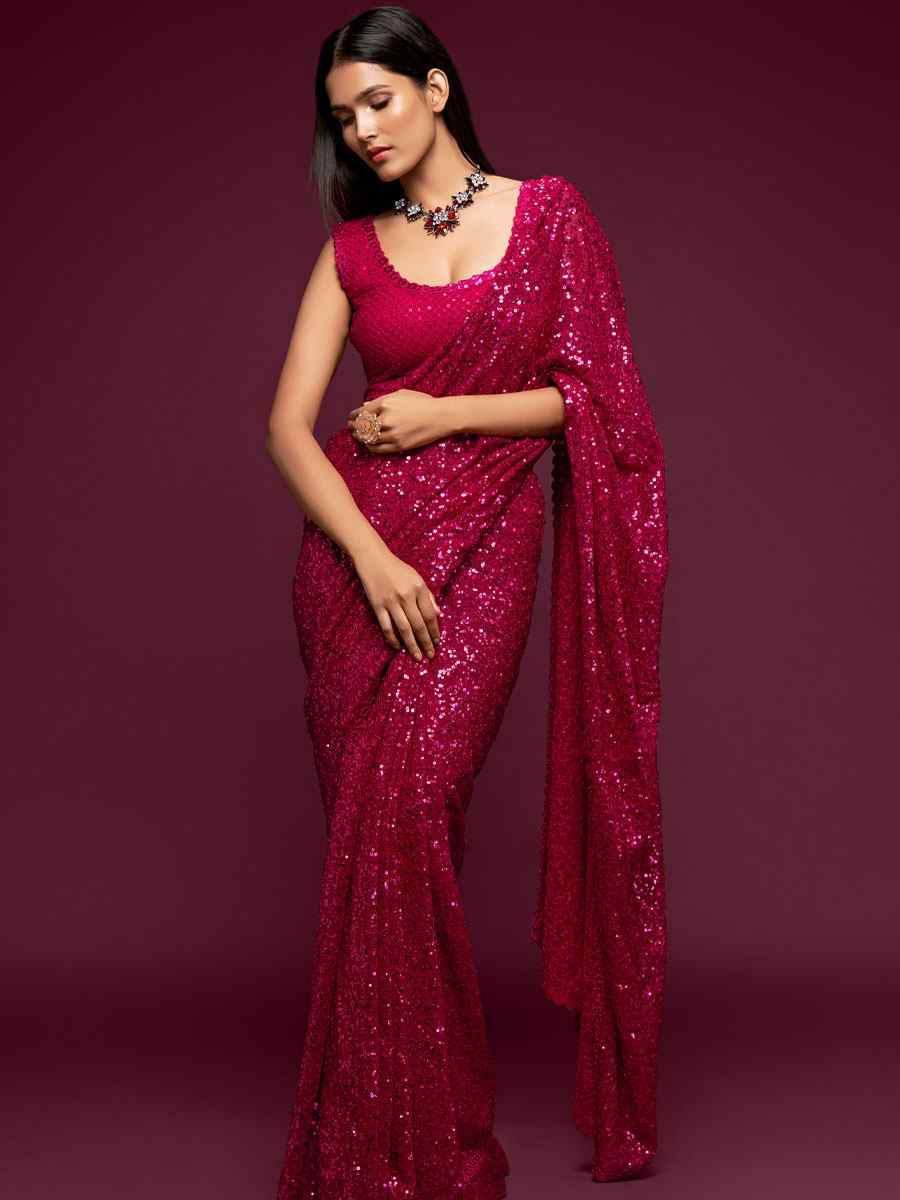 Hot Pink Georgette Embroidery Festival Wedding Fancy Heavy Border Saree