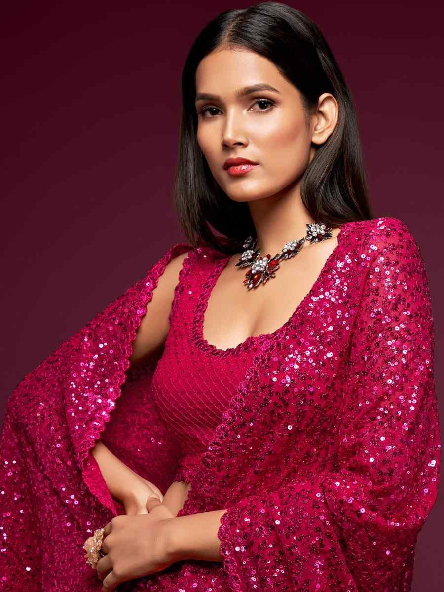Hot Pink Georgette Embroidery Festival Wedding Fancy Heavy Border Saree