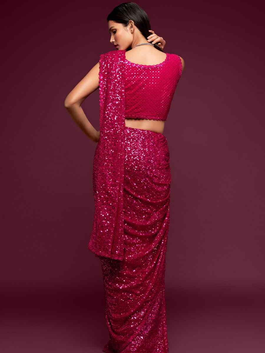 Hot Pink Georgette Embroidery Festival Wedding Fancy Heavy Border Saree