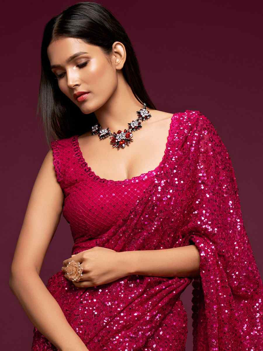 Hot Pink Georgette Embroidery Festival Wedding Fancy Heavy Border Saree