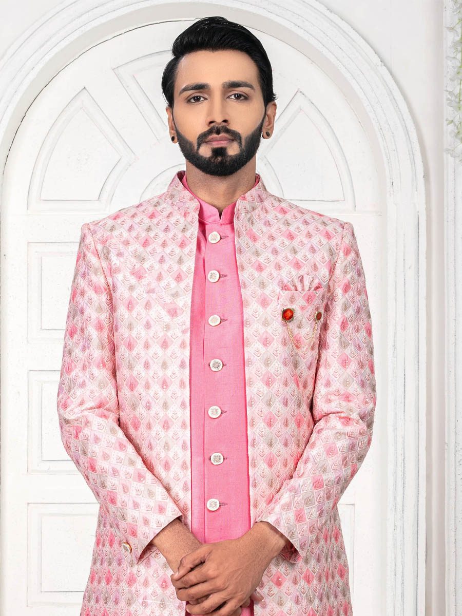 Hot Pink Silk Embroidered Wedding Groom Sherwani