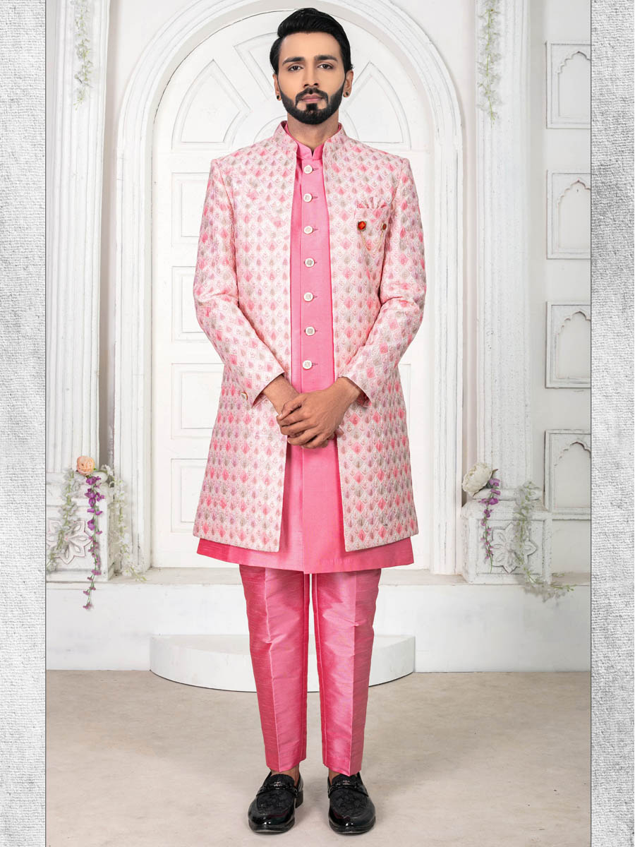 Hot Pink Silk Embroidered Wedding Groom Sherwani
