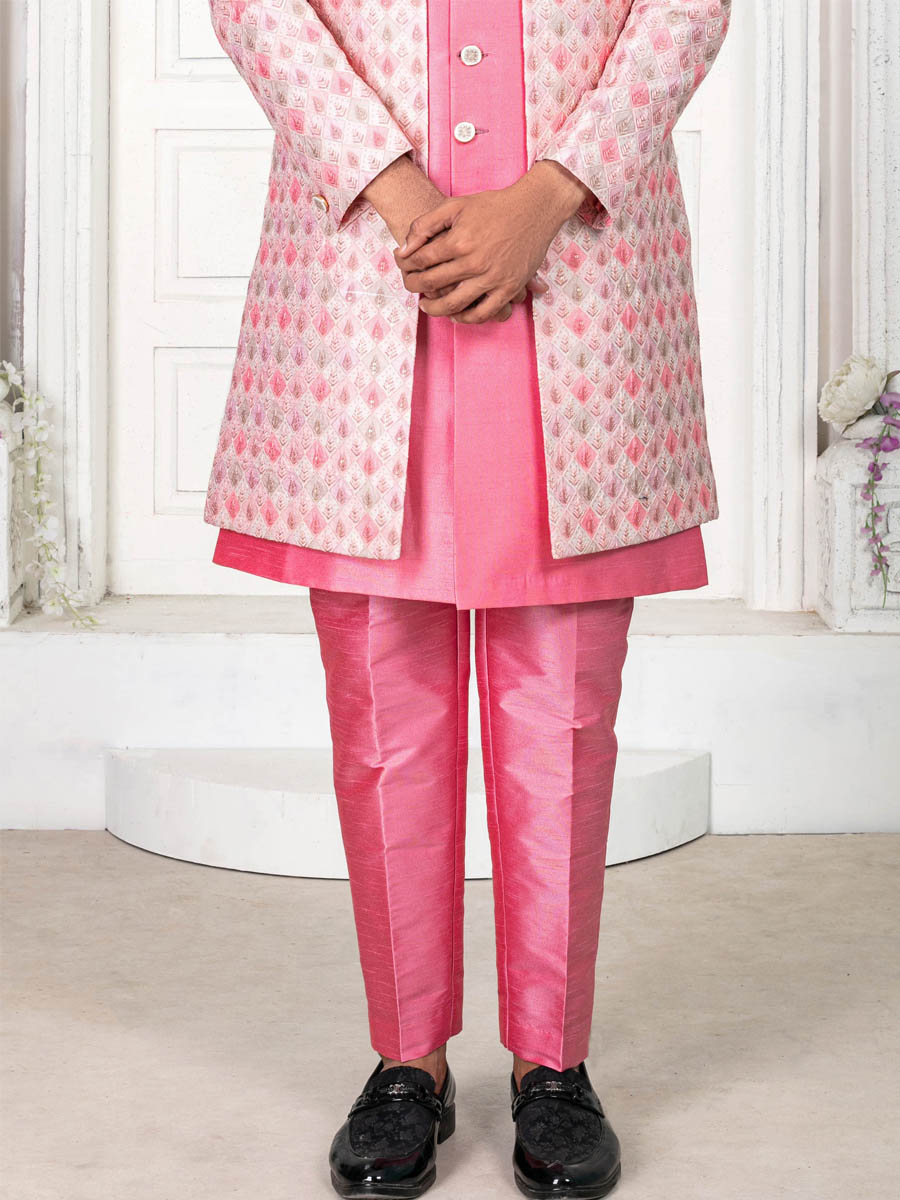 Hot Pink Silk Embroidered Wedding Groom Sherwani