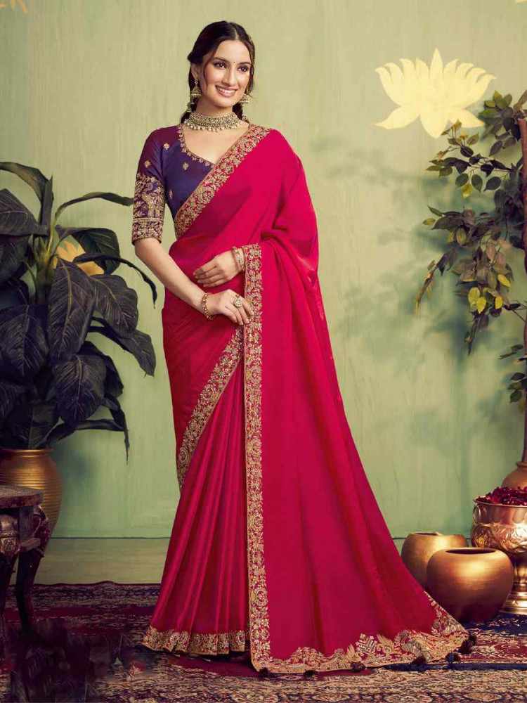 Image of Hot Pink Two Tone Kora Satin Embroidery Bridal Reception Party Festival Wedding Fancy Heavy Border Sarees
