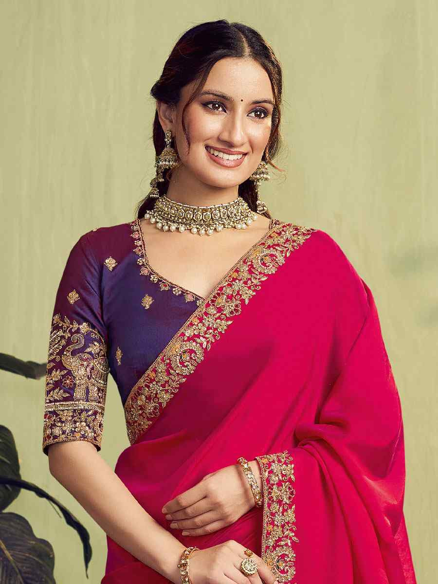 Hot Pink Two Tone Kora Satin Embroidery Bridal Reception Party Festival Wedding Fancy Heavy Border Sarees