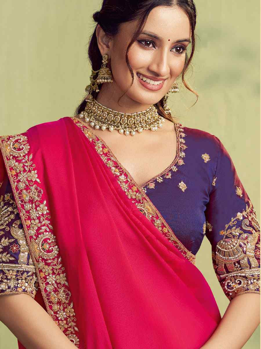 Hot Pink Two Tone Kora Satin Embroidery Bridal Reception Party Festival Wedding Fancy Heavy Border Sarees