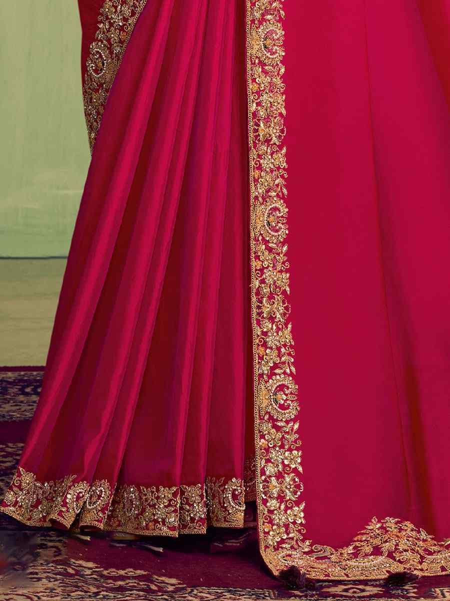 Hot Pink Two Tone Kora Satin Embroidery Bridal Reception Party Festival Wedding Fancy Heavy Border Sarees