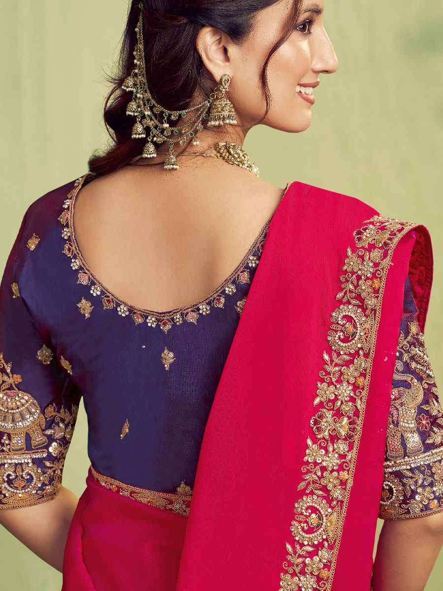 Hot Pink Two Tone Kora Satin Embroidery Bridal Reception Party Festival Wedding Fancy Heavy Border Sarees