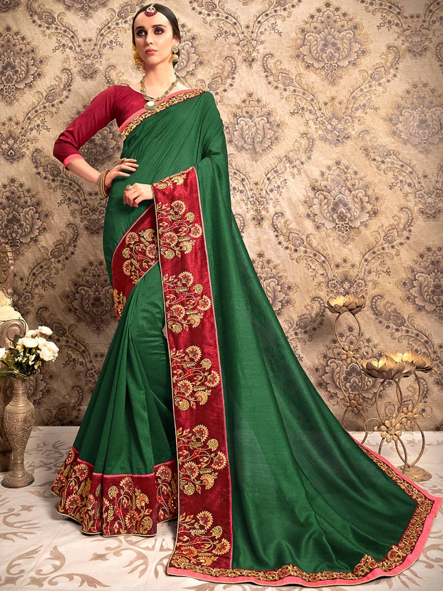 Hunter Green Chiffon Embroidered Party Saree