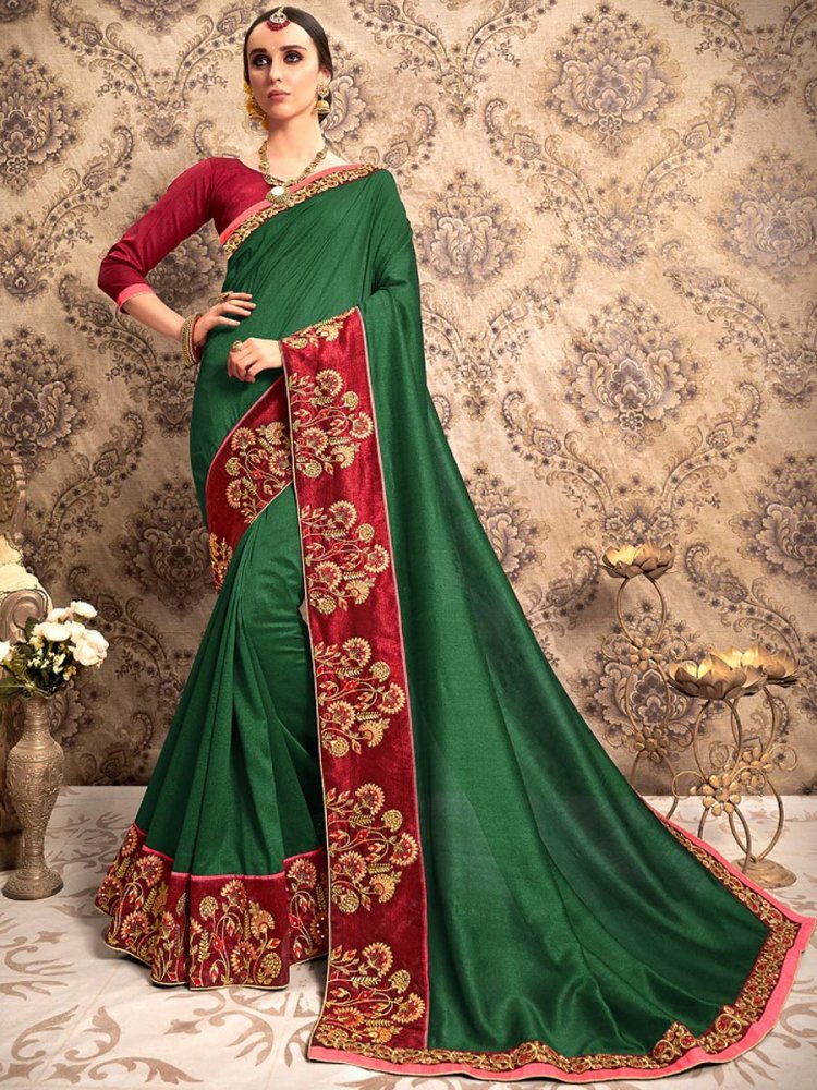 Hunter Green Chiffon Embroidered Party Saree