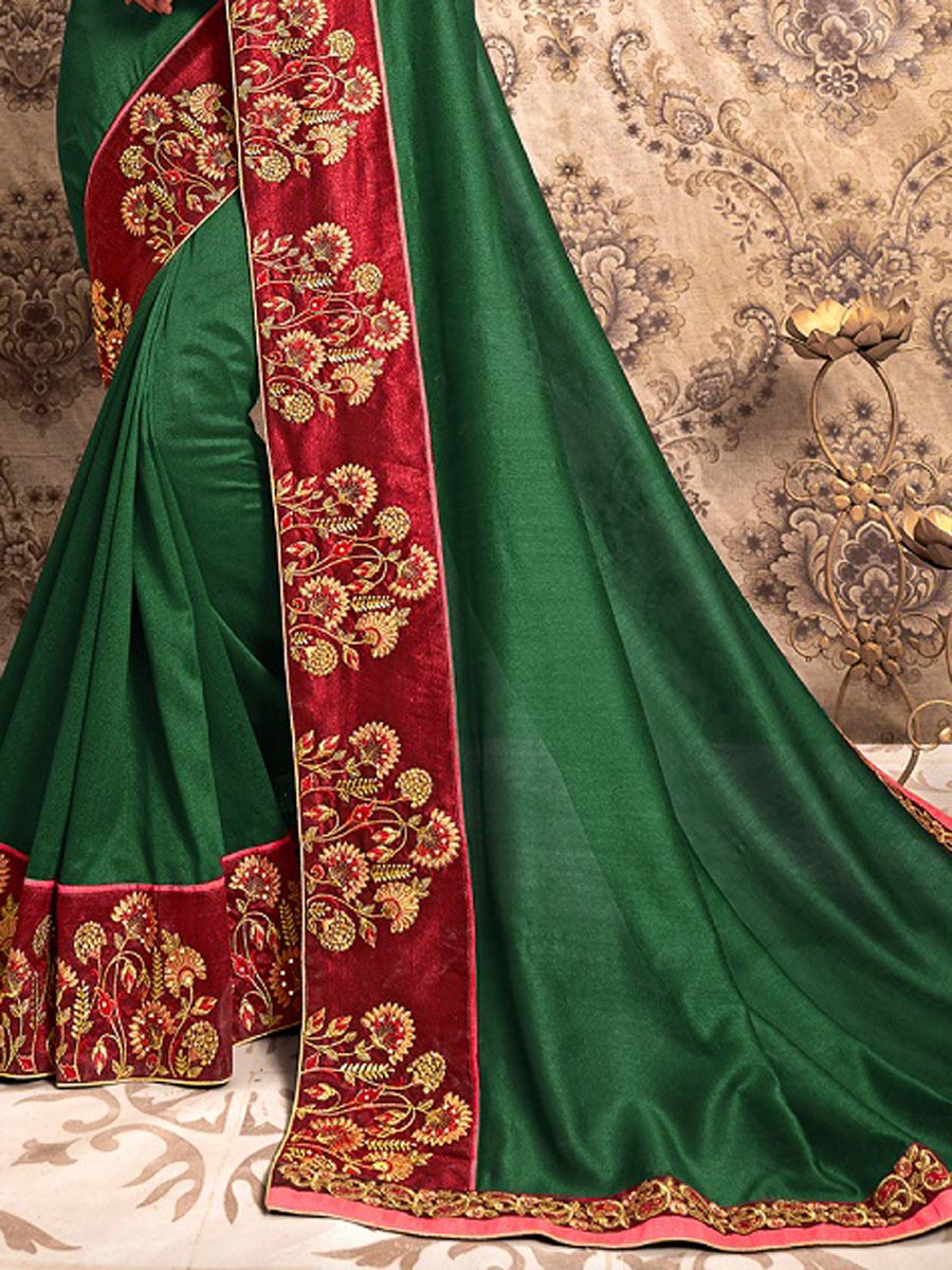 Hunter Green Chiffon Embroidered Party Saree