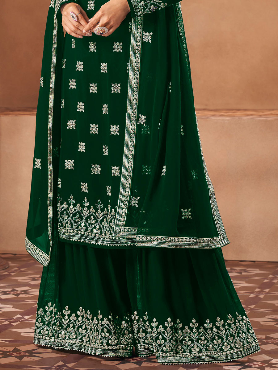Hunter Green Faux Georgette Embroidered Festival Palazzo Pant Kameez