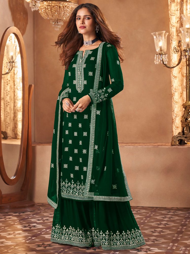 Hunter Green Faux Georgette Embroidered Festival Palazzo Pant Kameez