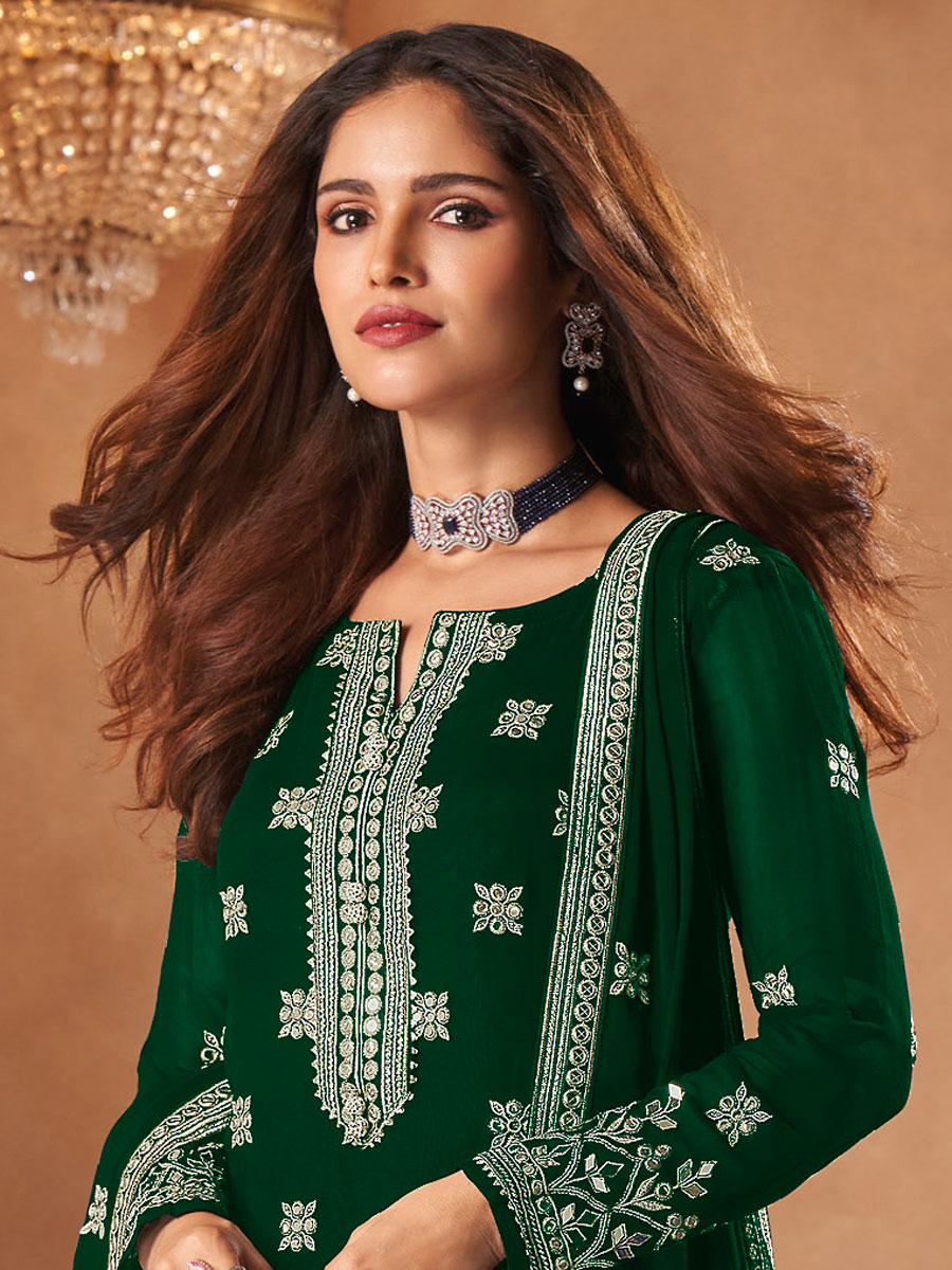 Hunter Green Faux Georgette Embroidered Festival Palazzo Pant Kameez