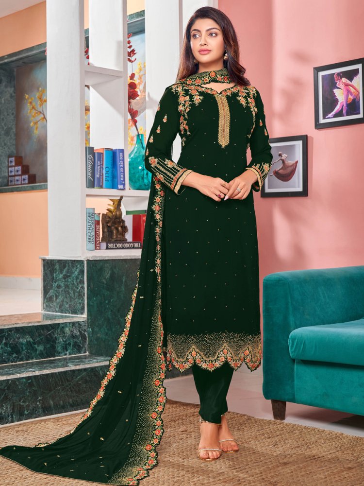 Hunter Green Faux Georgette Embroidered Party Churidar Kameez