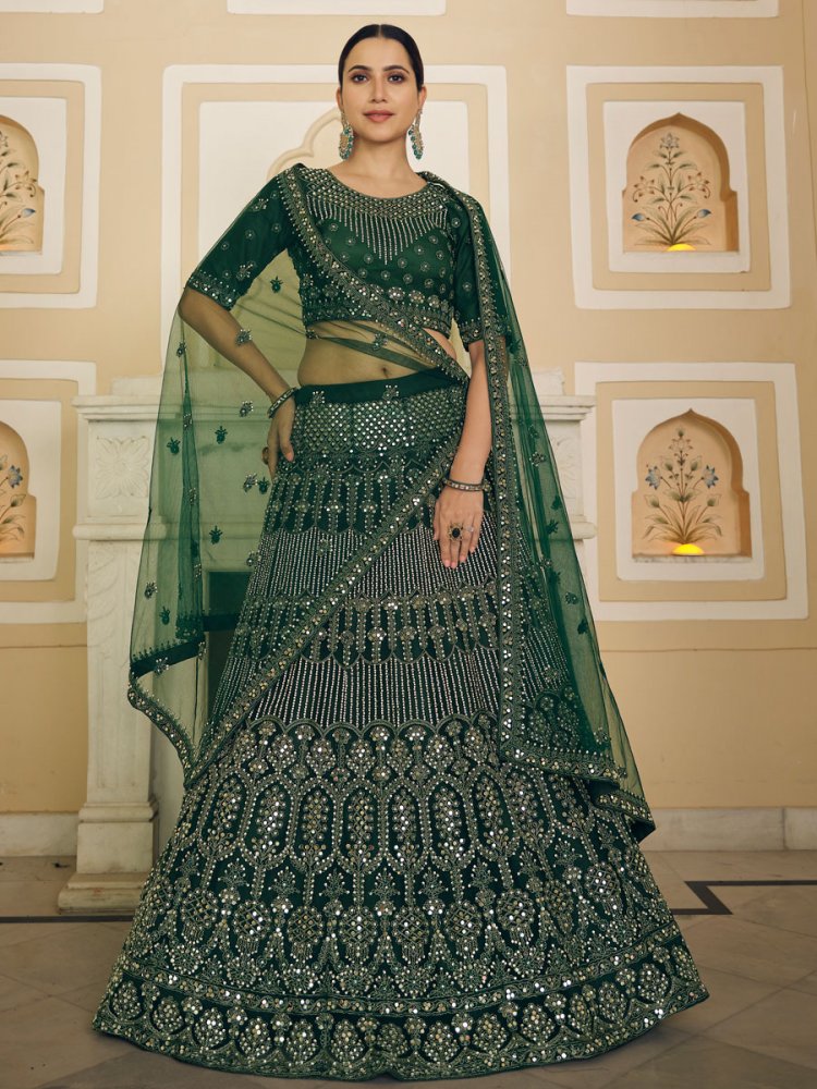 Hunter Green Net Embroidered Bridal Lehenga Choli