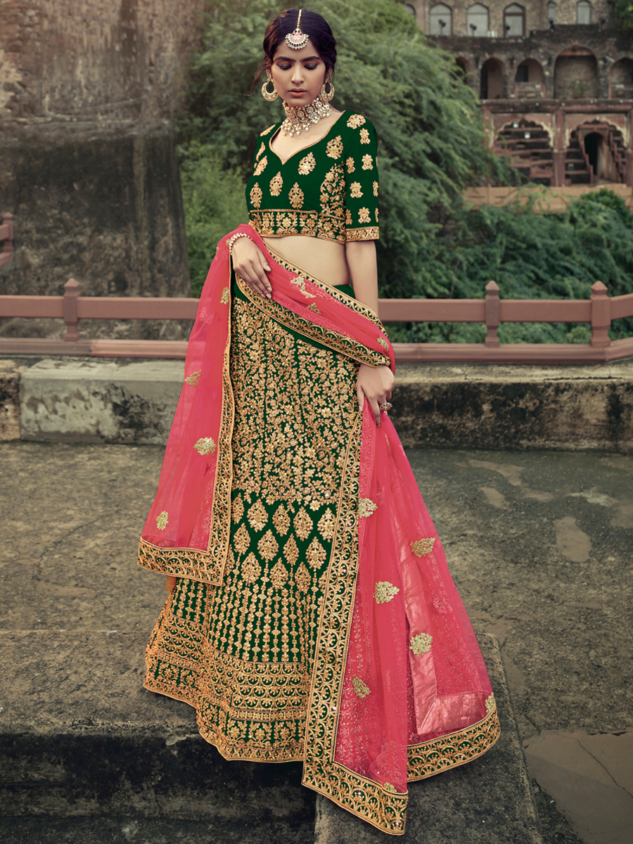 Hunter Green Satin Embroidered Bridal Lehenga Choli