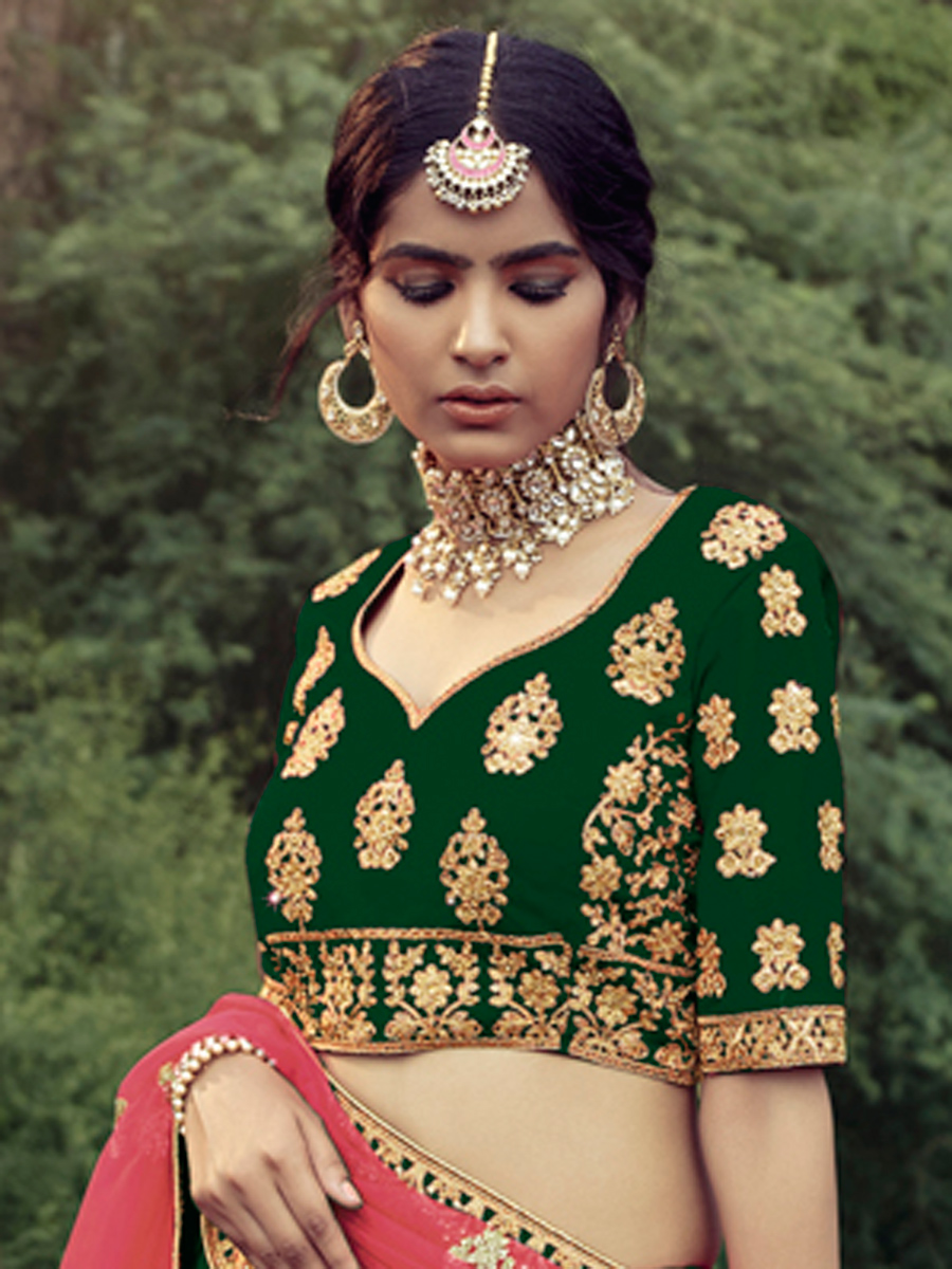 Hunter Green Satin Embroidered Bridal Lehenga Choli