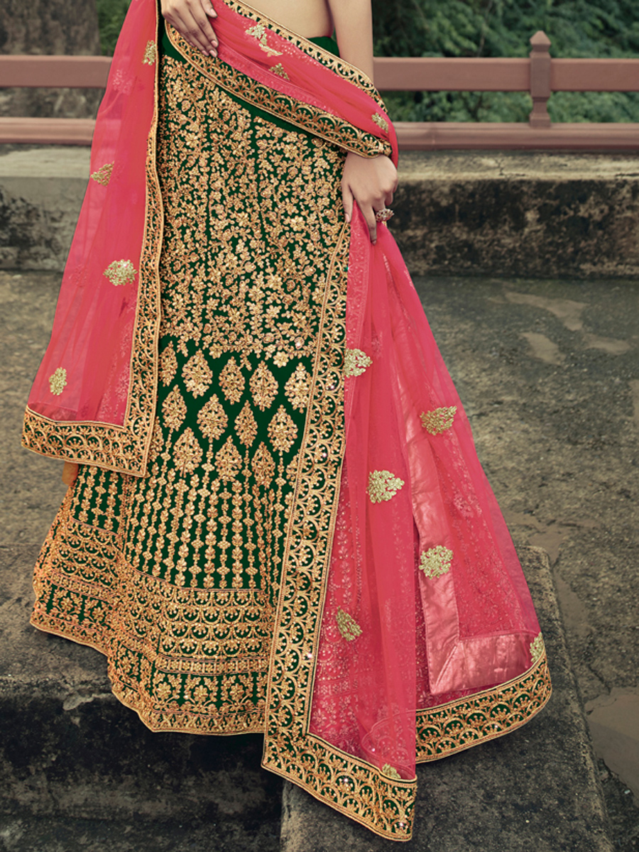 Hunter Green Satin Embroidered Bridal Lehenga Choli
