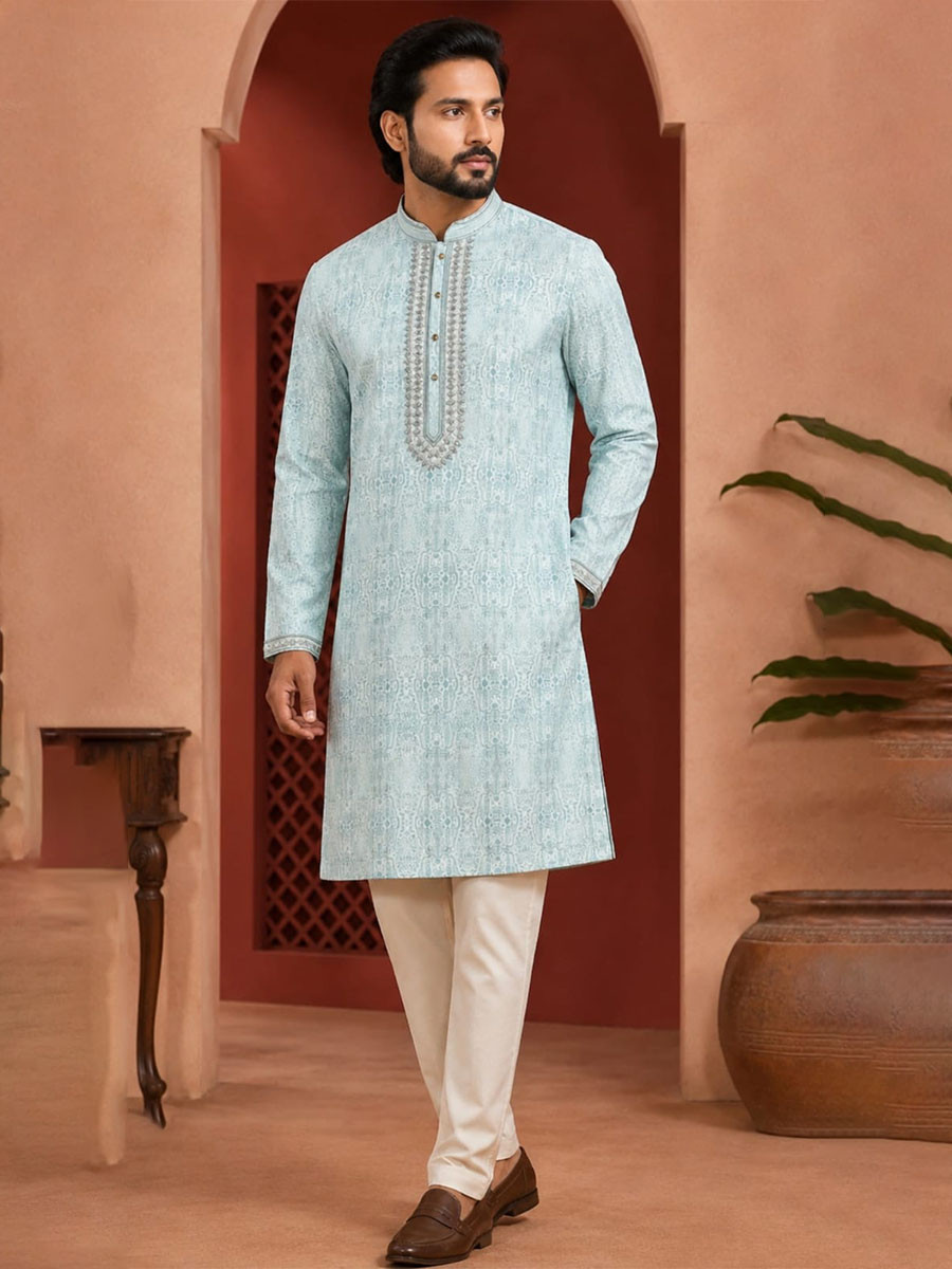 Ice Blue Art Silk Embroidery Printed Wedding Party Festival Casual Mens Wear Kurta