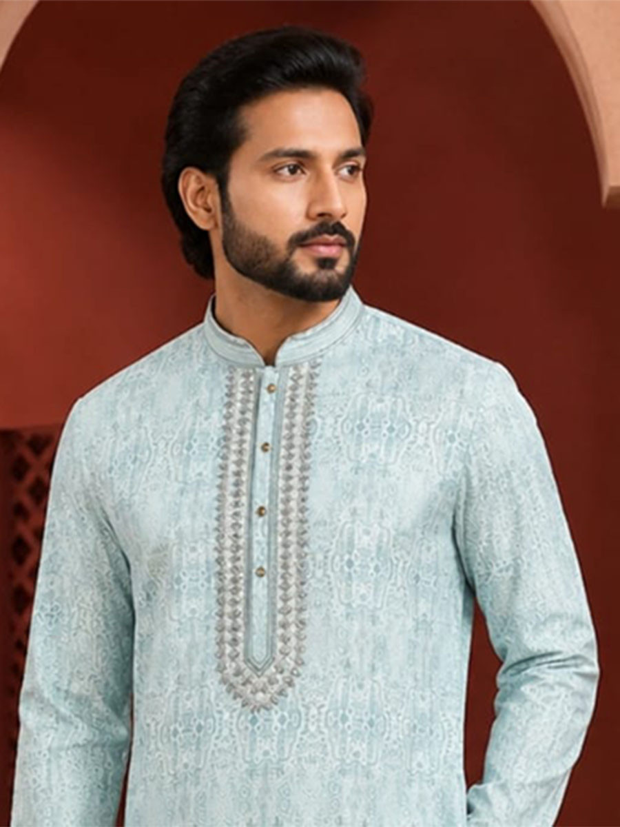 Ice Blue Art Silk Embroidery Printed Wedding Party Festival Casual Mens Wear Kurta