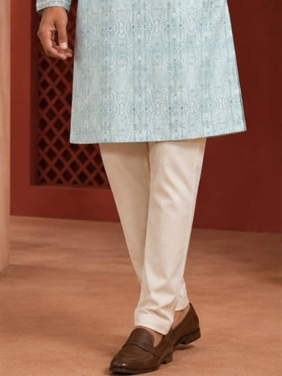 Ice Blue Art Silk Embroidery Printed Wedding Party Festival Casual Mens Wear Kurta