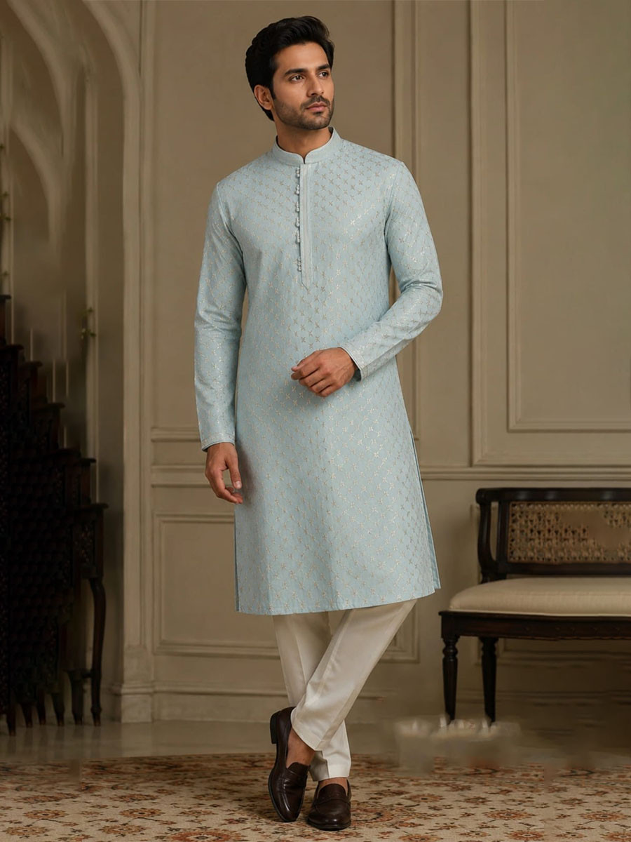 Ice Blue Art Silk Embroidery Wedding Party Festival Casual Mens Wear Kurta