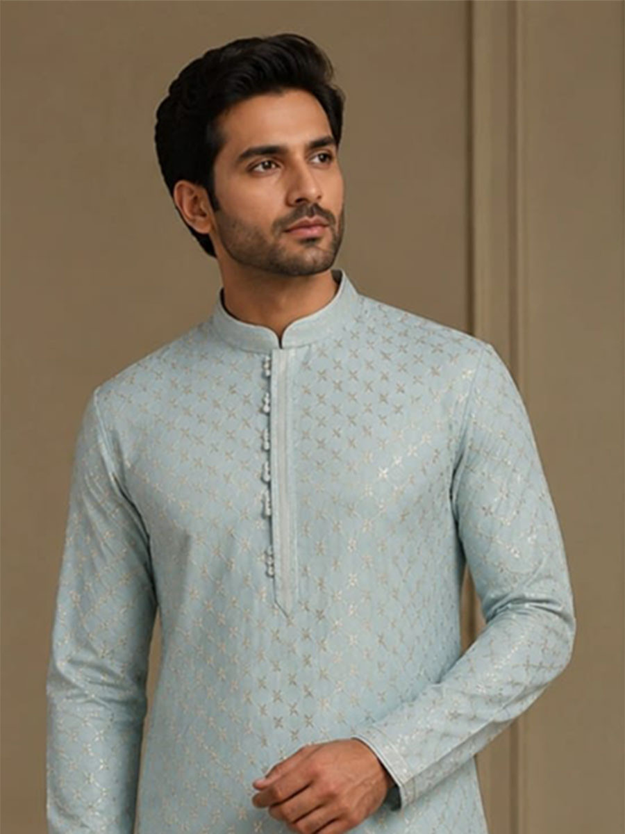 Ice Blue Art Silk Embroidery Wedding Party Festival Casual Mens Wear Kurta