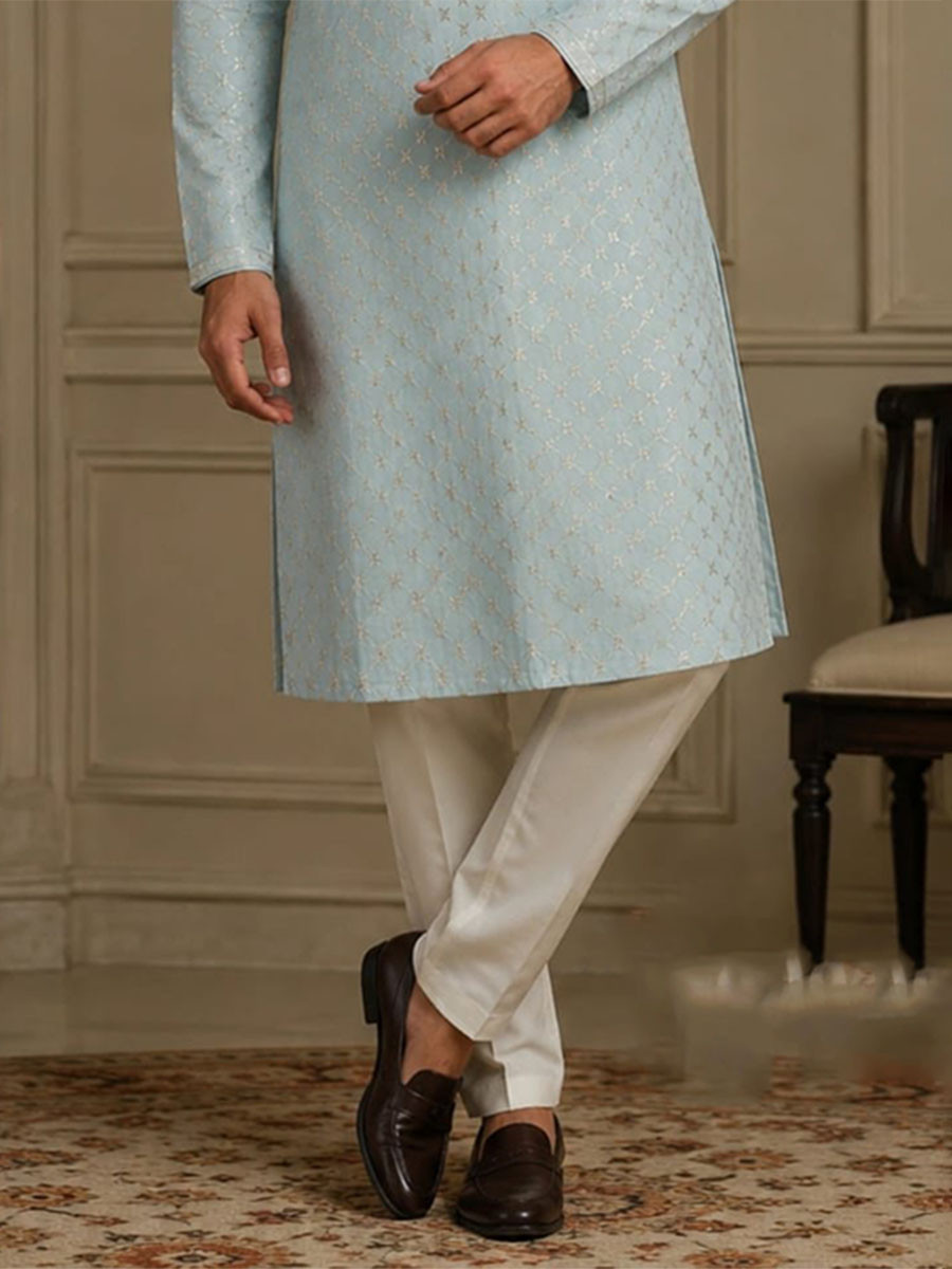 Ice Blue Art Silk Embroidery Wedding Party Festival Casual Mens Wear Kurta