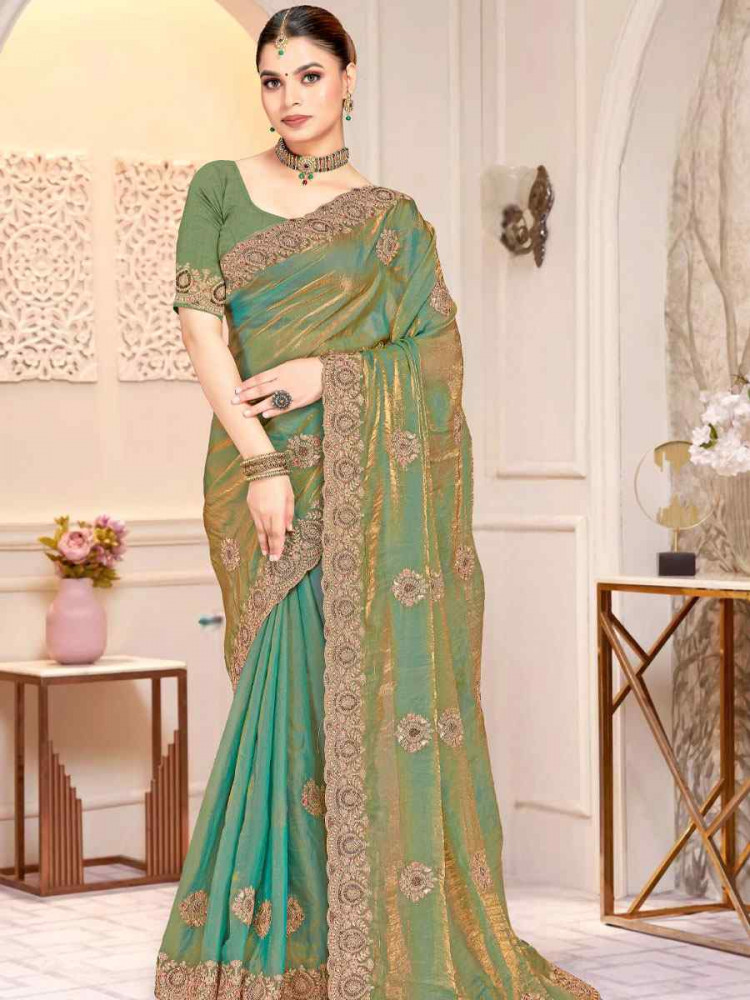 Image of Ice Blue Fendi Satin Silk Embroidery Traditional Casual Reception Festival Wedding Fancy Heavy Border Saree