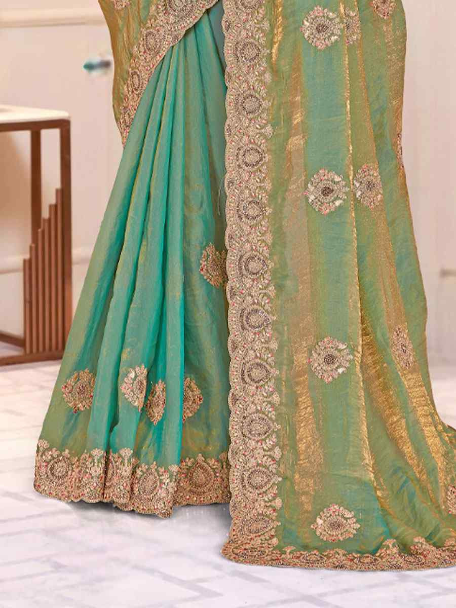 Ice Blue Fendi Satin Silk Embroidery Traditional Casual Reception Festival Wedding Fancy Heavy Border Saree