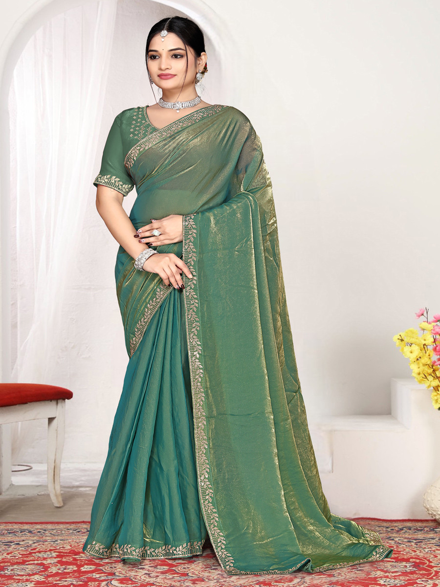 Ice blue Fendi satin silk Zircon Stone Embroidery Festival Wedding Fancy Classic Heavy Border Saree