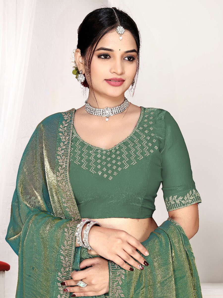 Ice blue Fendi satin silk Zircon Stone Embroidery Festival Wedding Fancy Classic Heavy Border Saree