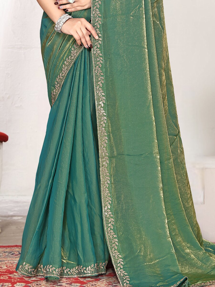 Ice blue Fendi satin silk Zircon Stone Embroidery Festival Wedding Fancy Classic Heavy Border Saree