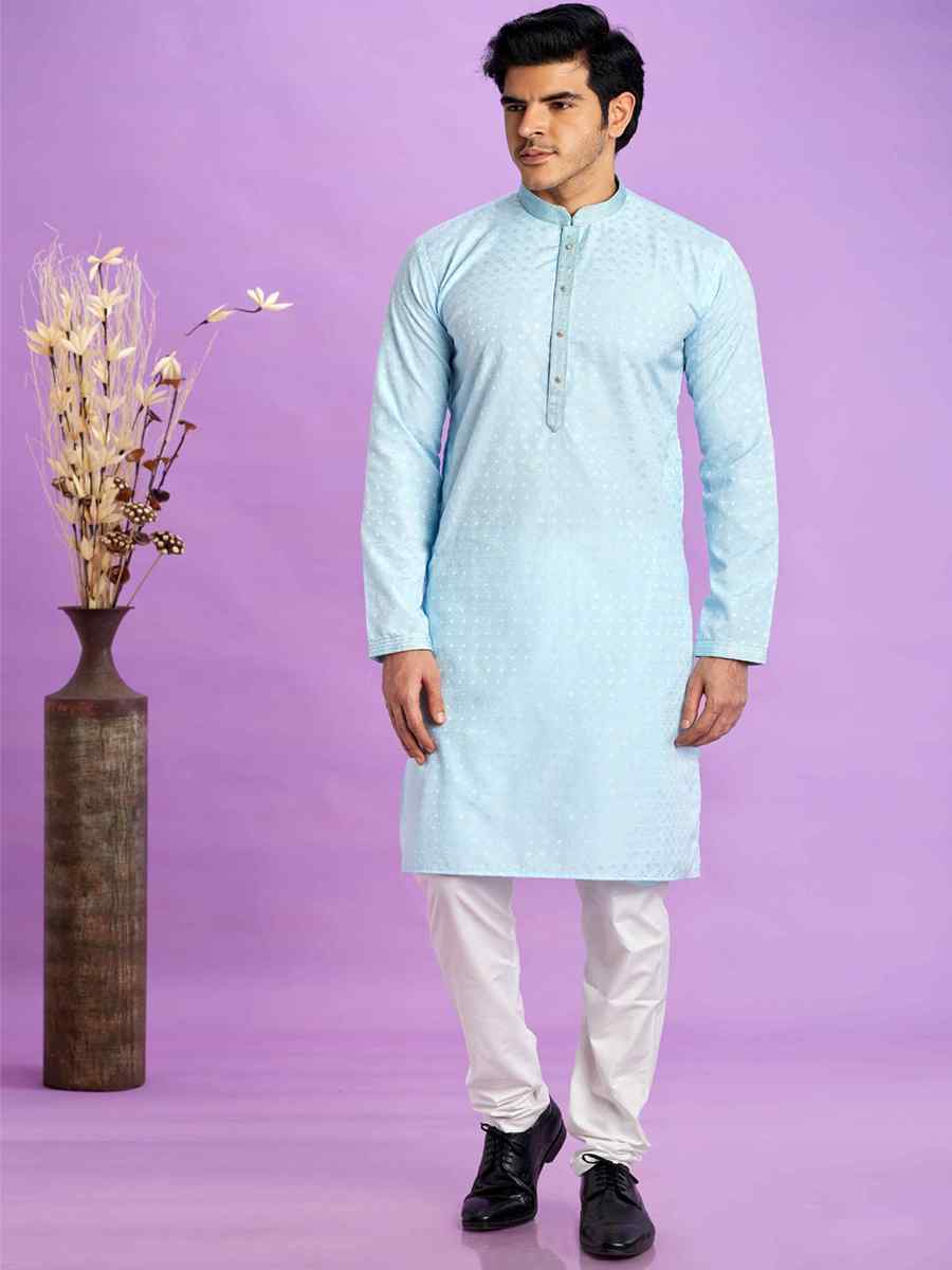 Ice Blue Jacquard Art Soft Silk Printed Festival Casual Kurta