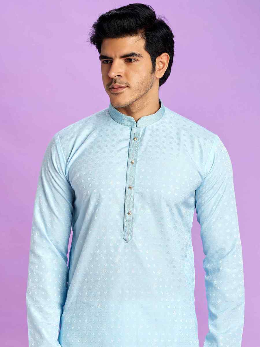 Ice Blue Jacquard Art Soft Silk Printed Festival Casual Kurta