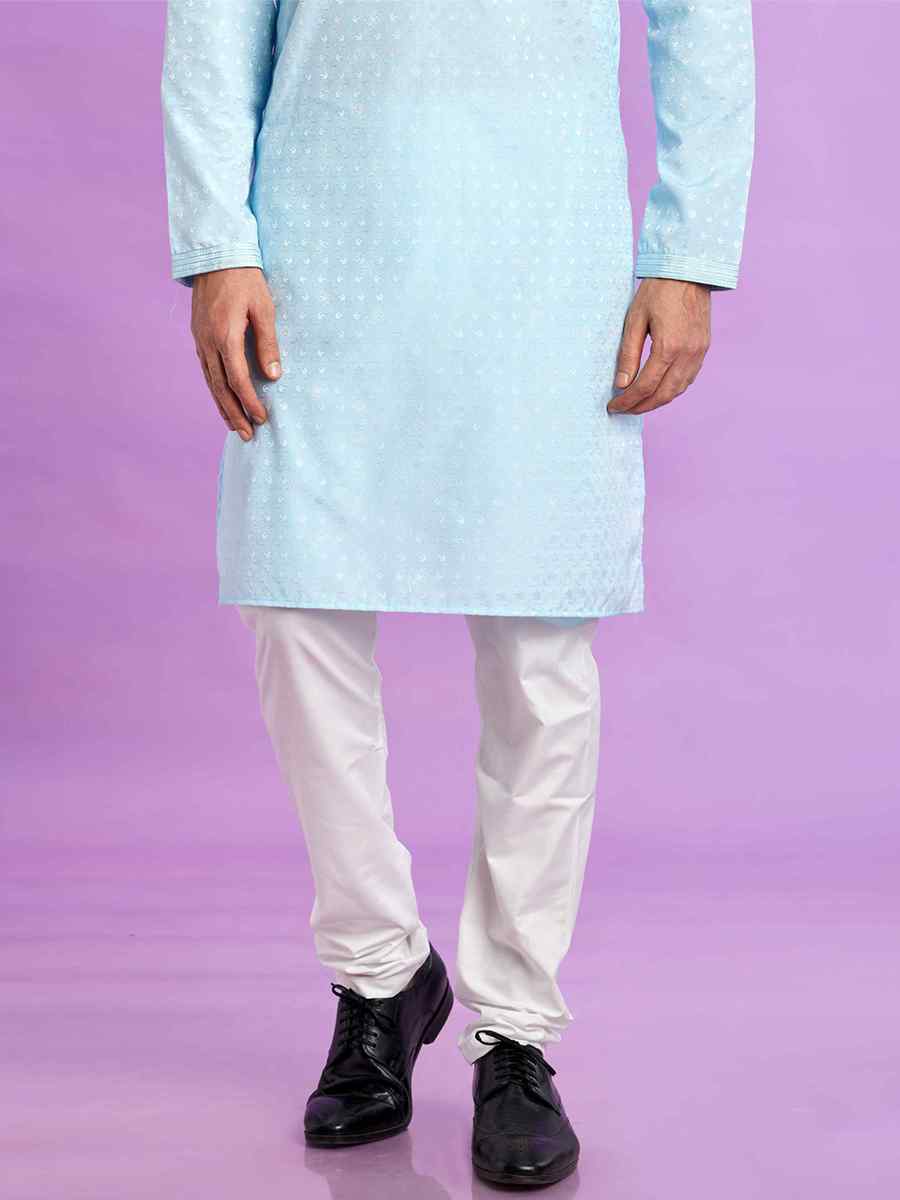 Ice Blue Jacquard Art Soft Silk Printed Festival Casual Kurta