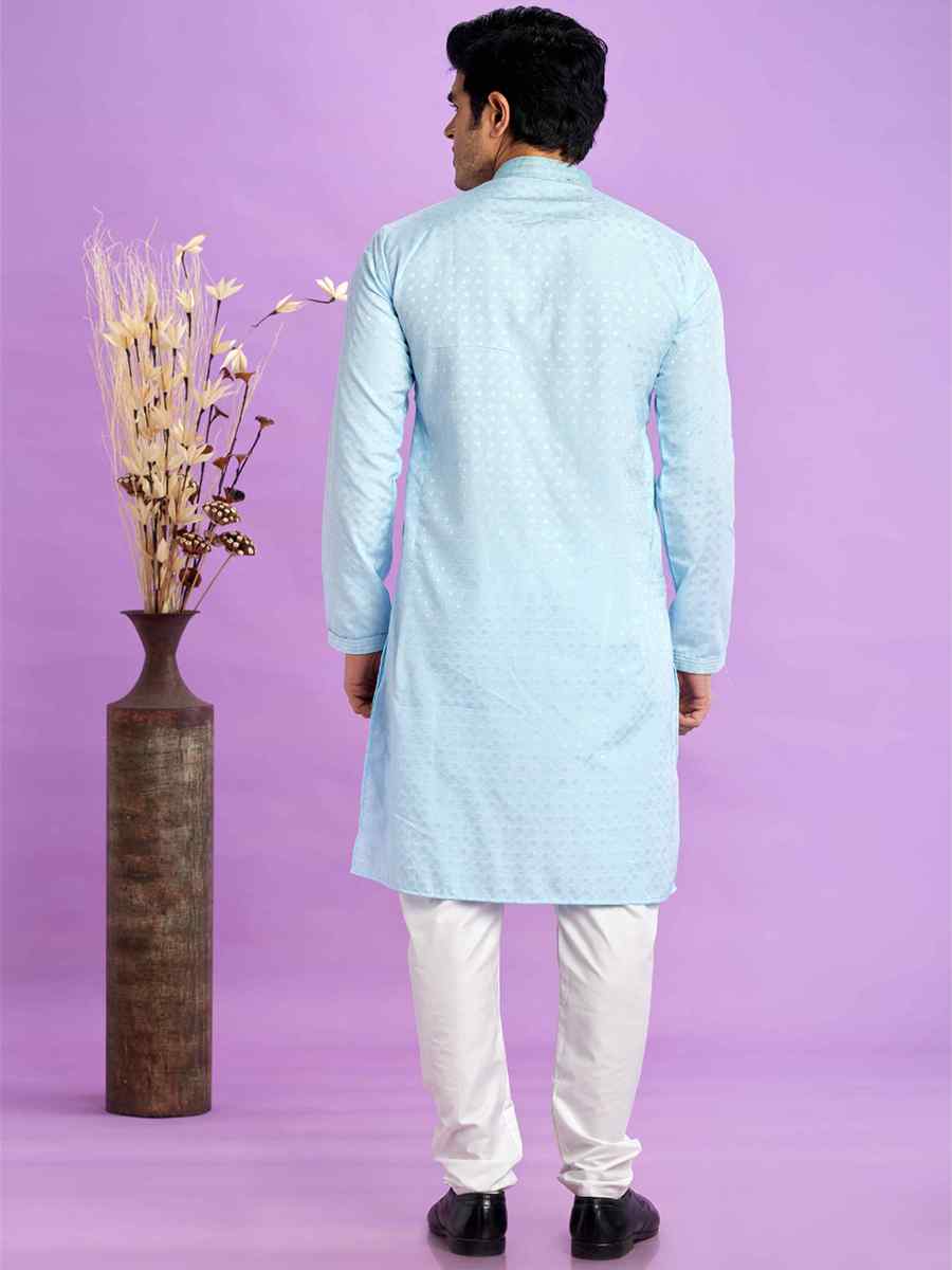 Ice Blue Jacquard Art Soft Silk Printed Festival Casual Kurta