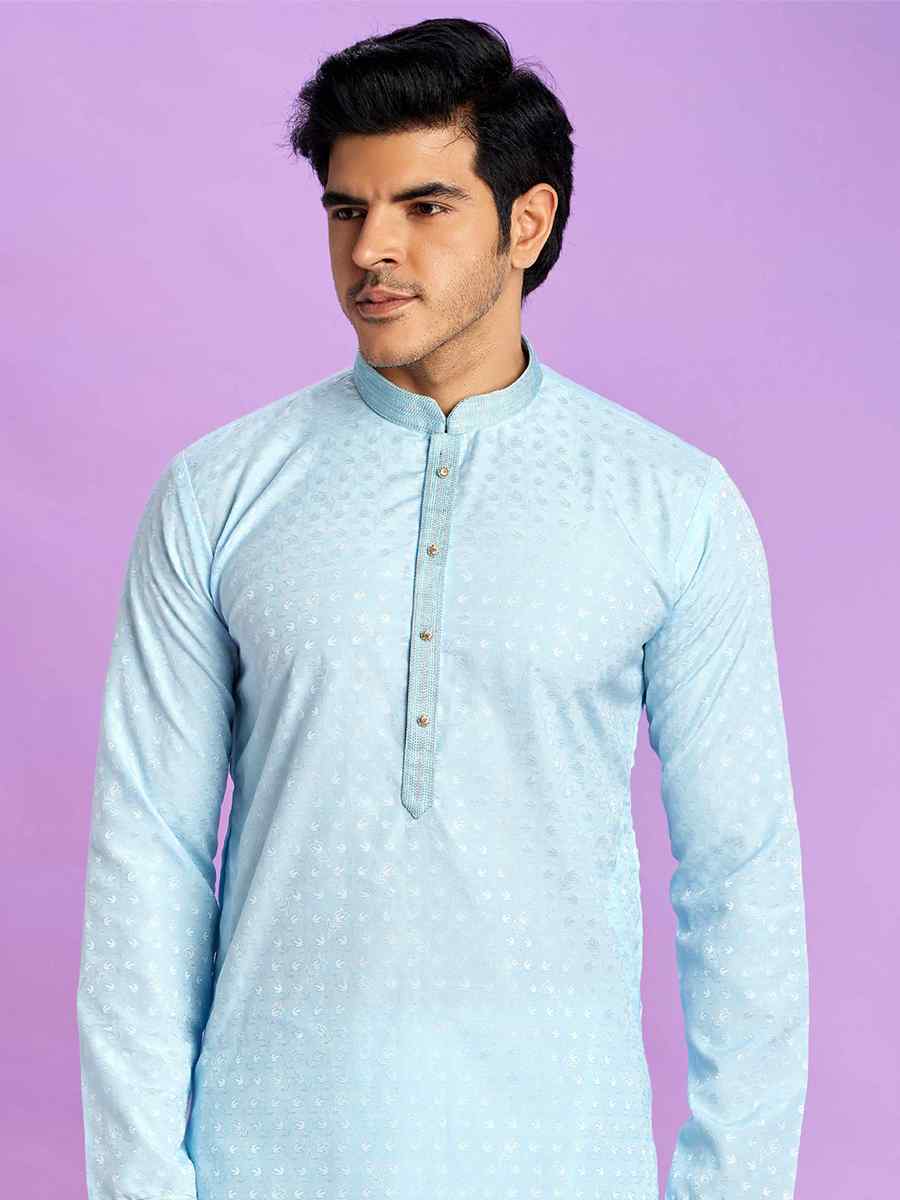 Ice Blue Jacquard Art Soft Silk Printed Festival Casual Kurta