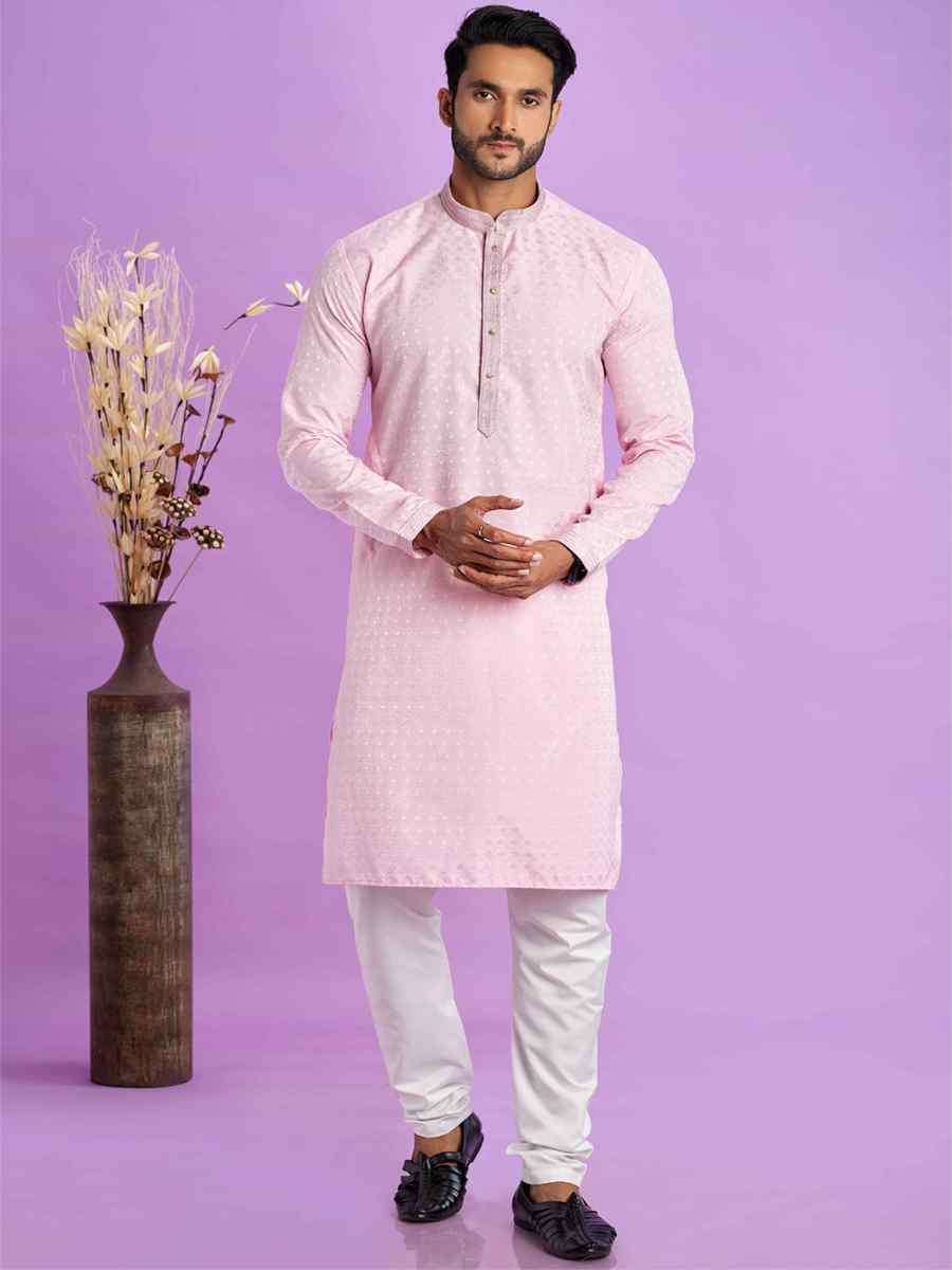 Ice Pink Jacquard Art Soft Silk Printed Festival Casual Kurta