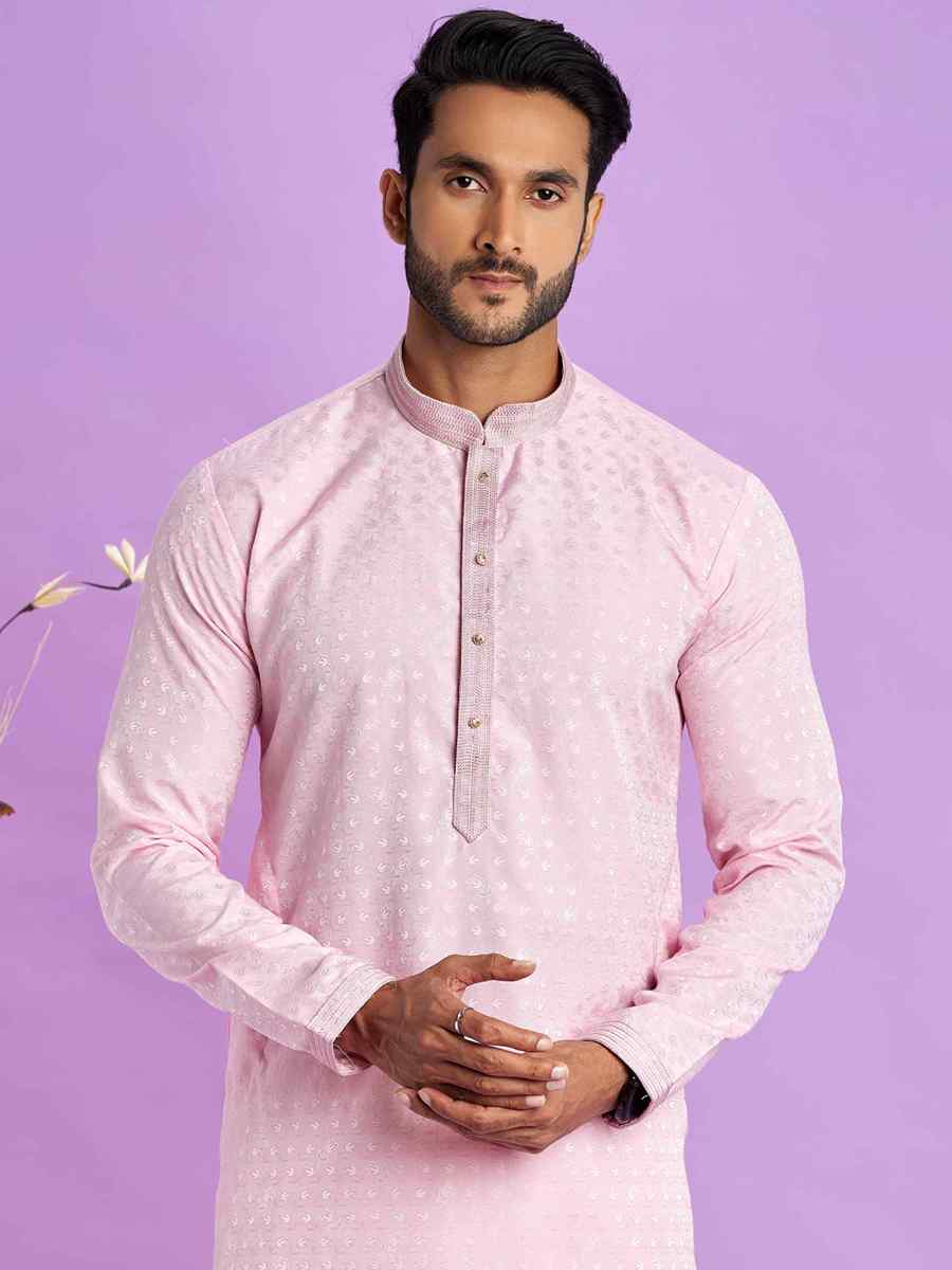 Ice Pink Jacquard Art Soft Silk Printed Festival Casual Kurta