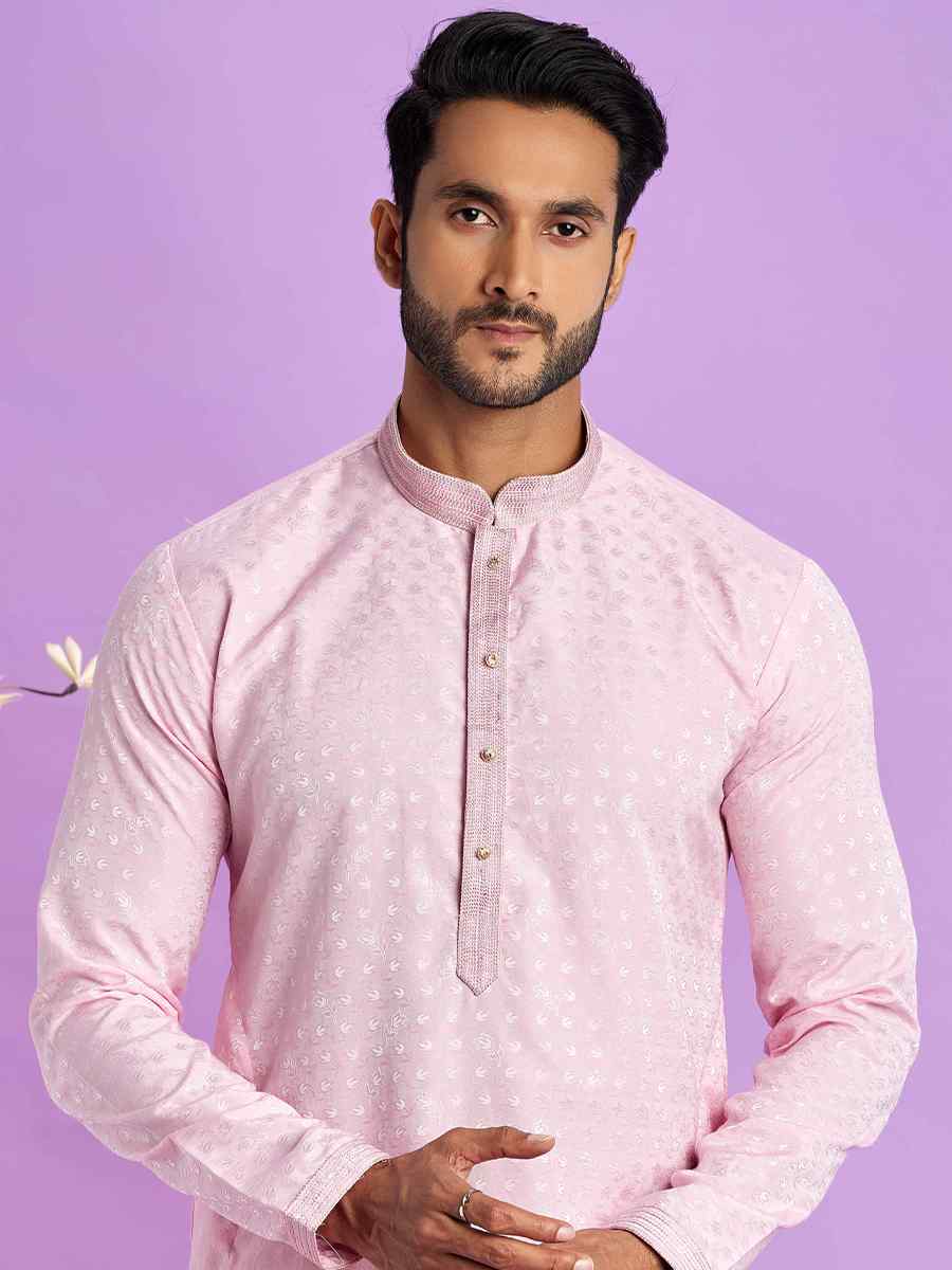Ice Pink Jacquard Art Soft Silk Printed Festival Casual Kurta